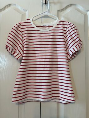 Avara Ruby Red & White Striped Puff-Sleeve Top Size X-Small